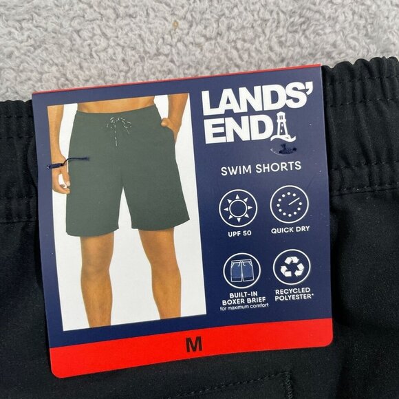NEW Lands' End Mens M Black Swim Shorts Polyester Built-In Boxer Brief - Picture 5 of 6